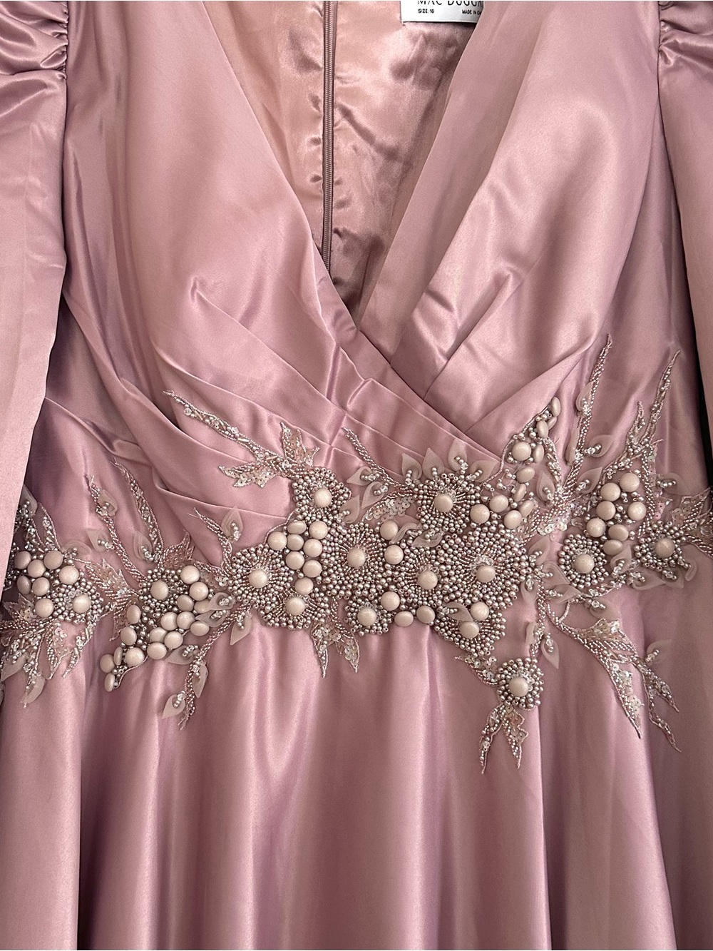 Mac Duggal Gown Dress Dusty Rose Long Sleeve Embellished Waist Evening Size 16 - Picture 7 of 15